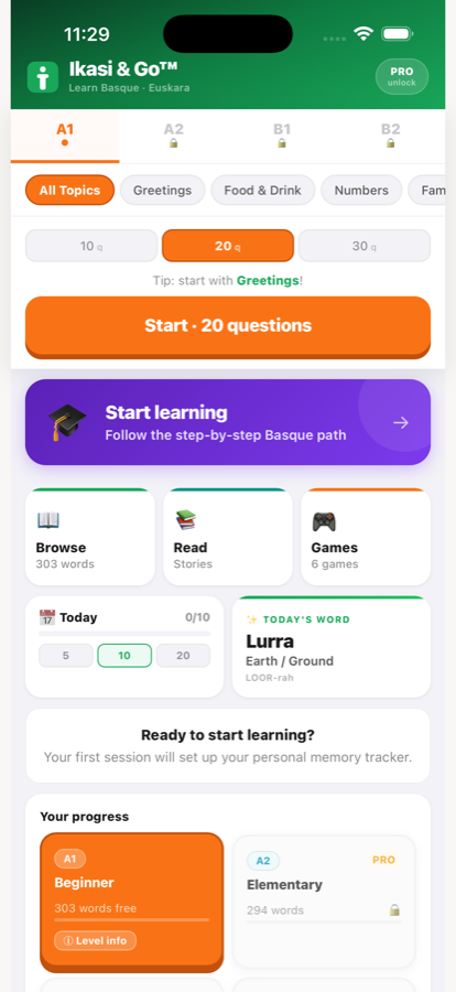 Ikasi & Go home screen showing levels, topics, and today's word