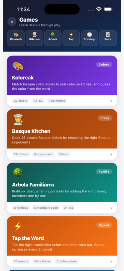 The games menu showing Koloreak, Basque Kitchen, Arbola Familiarra and more